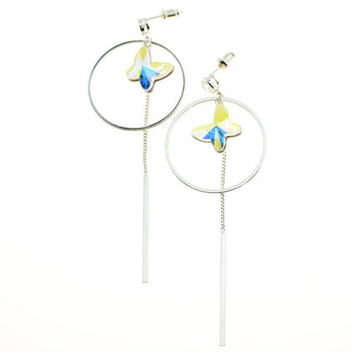 Picture of Crystl Butterfly In Circle Changing Dangle Sterling Silver Post Pierced Earrings. Crystal Aurore Boreale (001 Ab) Color